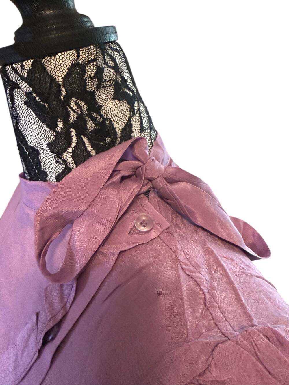 Tulip B Satin Bow Tie Blouse Mauve Short Puff Sleeve Button Front Top Size S NWT